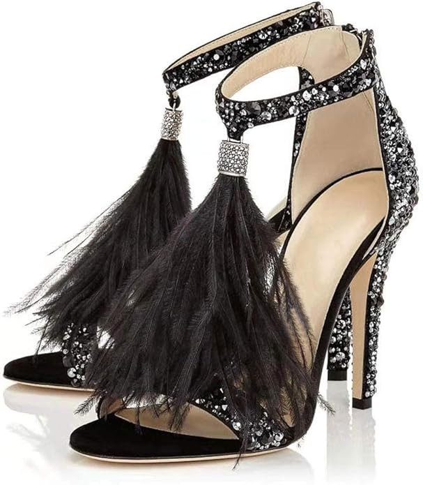 Hinyyrin Women's Tassels Rhinestone Heeled Sandals Wedding Dress White Sandals Stiletto Heel Pear... | Amazon (US)