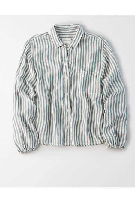 AE Striped Button Up Shirt Women's Green S | American Eagle Outfitters (US & CA)