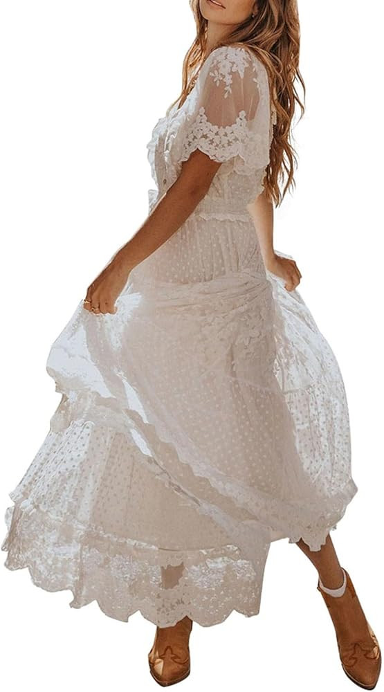 Happy Sailed Womens V Neck Button Down Floral Lace Maxi Dress Short Sleeve Boho Flowy Dresses | Amazon (US)