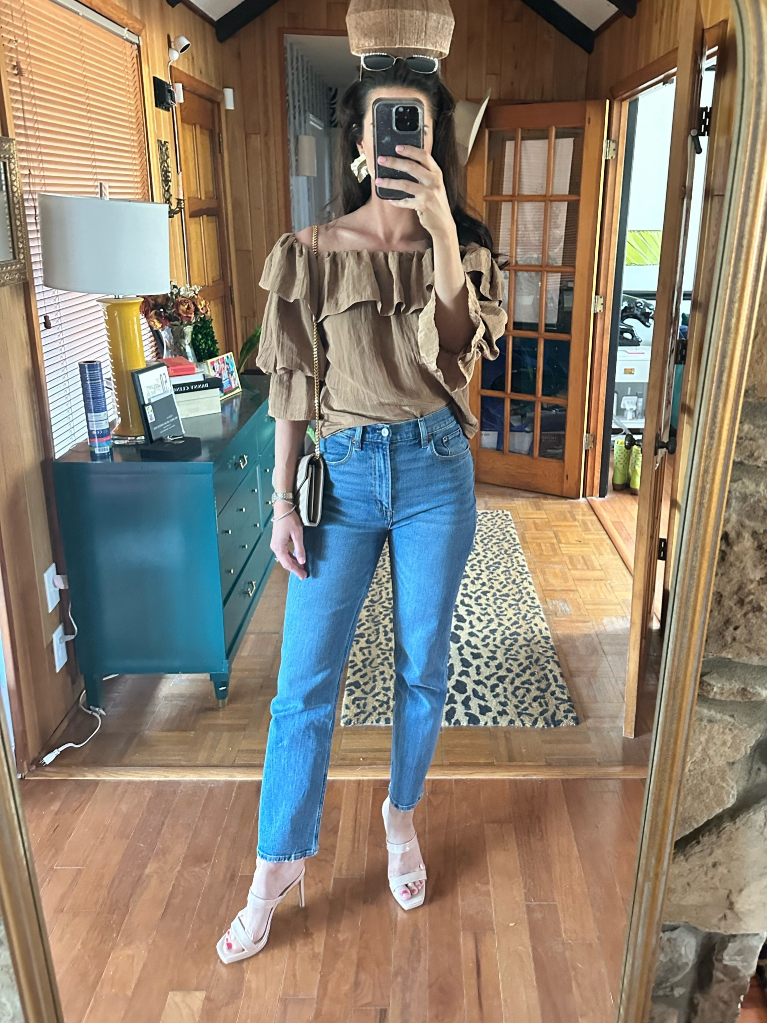 Casual spring outfit. Abercrombie ultra high rise ankle straight jeans with an off-the-shoulder ruffle top. 