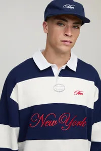 Oversized Shrunken Boxy New York Embroidered Stripe Rugby Polo | boohoo (US & Canada)