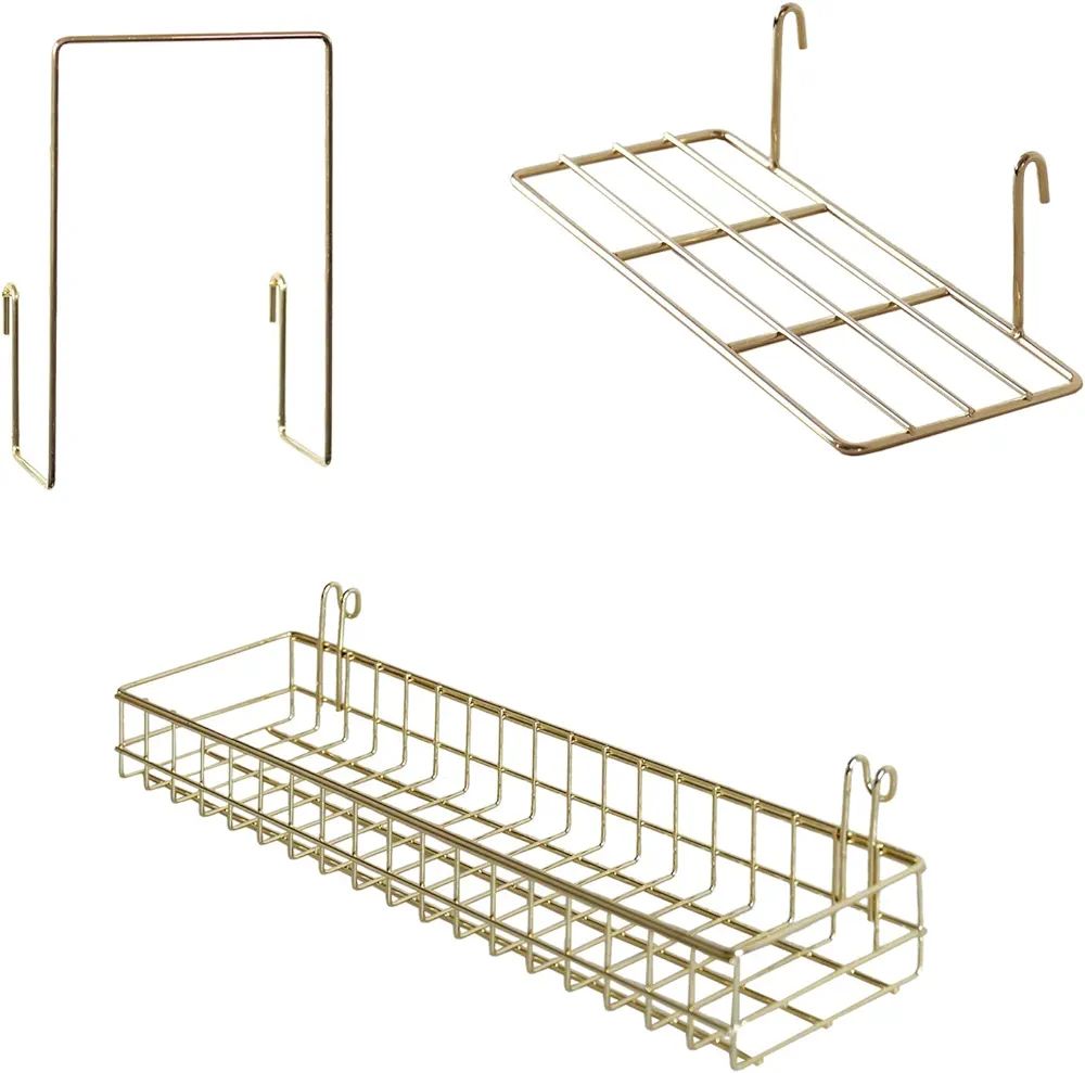 FRIADE Gold Grid Basket with Hooks,Bookshelf,Display Shelf for Wall Grid Panel,Wall Mount Organiz... | Amazon (US)