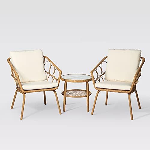 3 Pieces Patio Wicker Conversation Chair Set,Outdoor Furniture Seating with Table & Cushions for ... | Amazon (US)