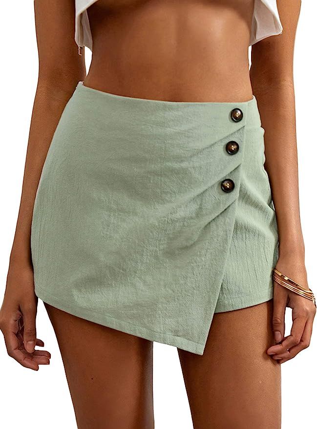 WDIRARA Women's Wrap Asymmetrical Hem Strap Skort Casual Zip Back Shorts | Amazon (US)