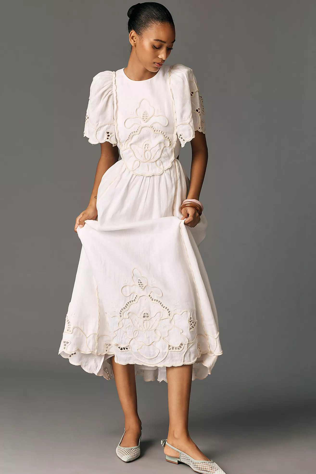 Lovaan Freya A-Line Short-Sleeve Linen Midi Dress | Anthropologie (US)