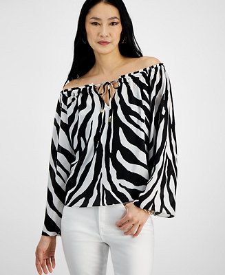 I.N.C. International Concepts Petite Zebra-Print Off-The-Shoulder Blouse, Created for Macy's - Ma... | Macy's