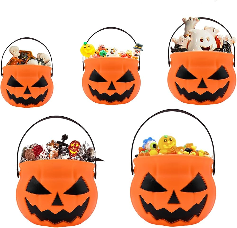 5 Pcs Halloween Pumpkin Candy Buckets - 5 Sizes Plastic Jack-O'-Lantern Sweet Snack Pails with Ha... | Amazon (US)