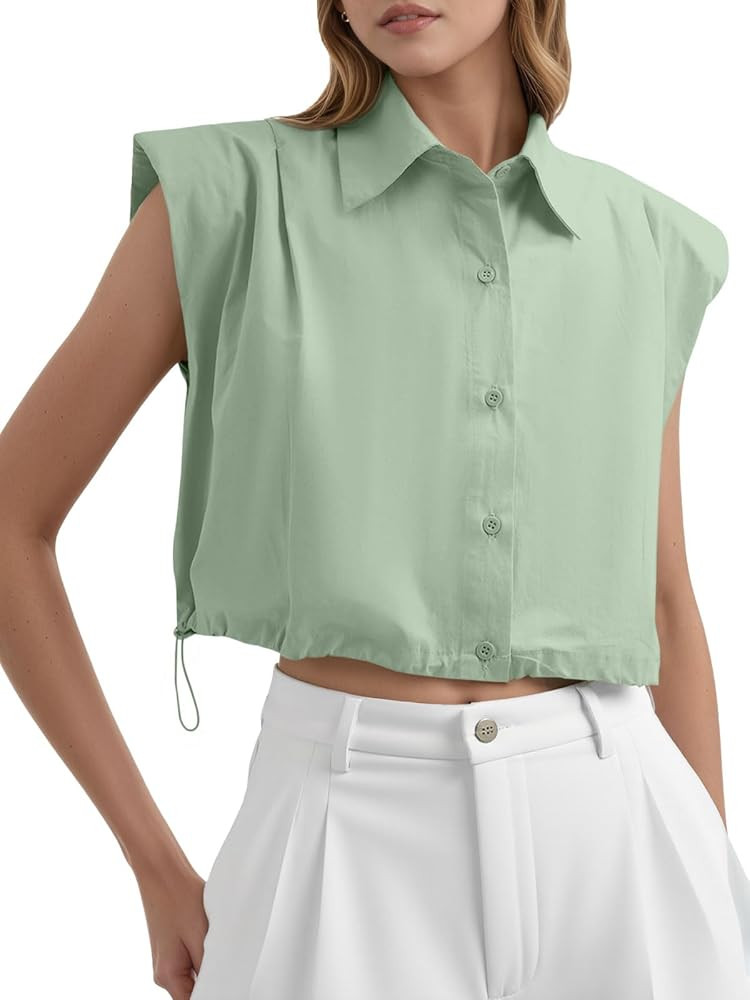 Tankaneo Womens Sleeveless Button Down Shirts Casual Loose V Neck Pad Shoulder Crop Tank Top | Amazon (US)