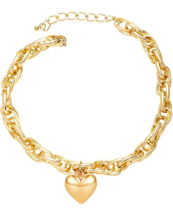 Chunky Puffy Heart Choker Necklace for Women Y2k Heart Gold Pendant Necklace Jewelry | Amazon (US)