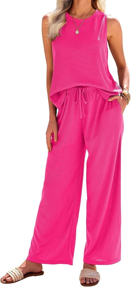 Ekouaer Womens Pajamas 2 Piece Lounge Set Waffle Knit Loungewear Sleeveless Tank Top with Long Pa... | Amazon (US)