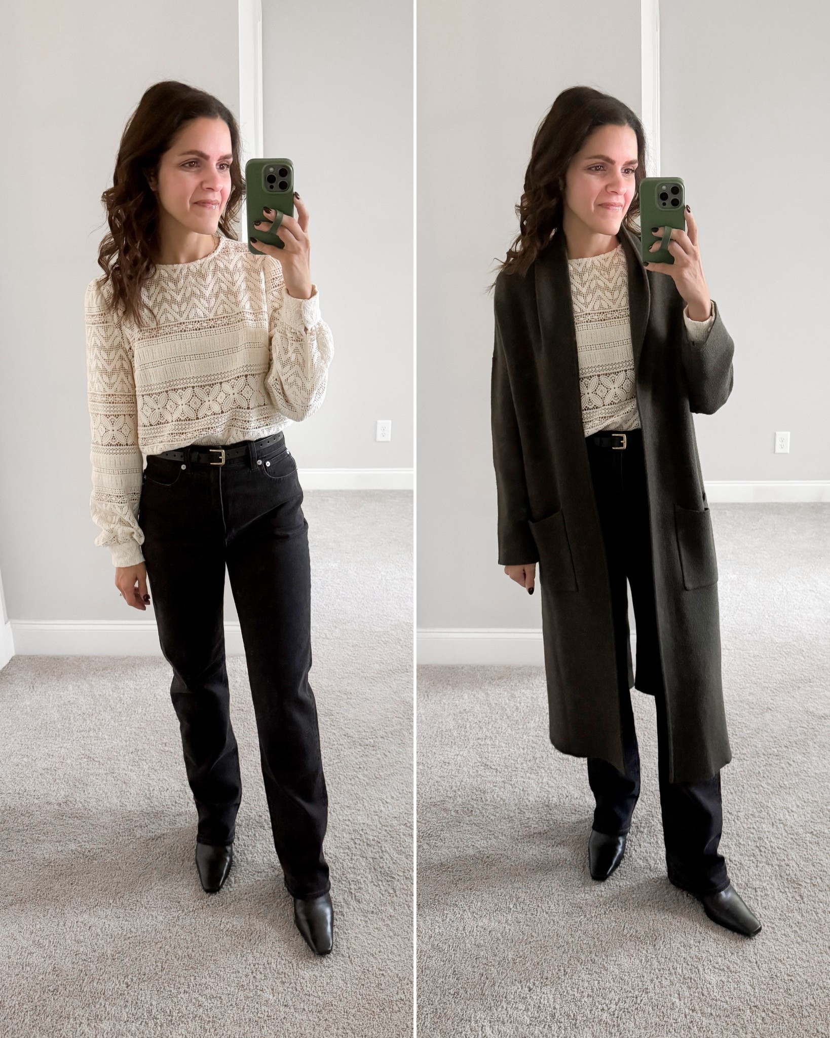 What I wore:
Lace blouse: old from Sézane, linked similar
Straight black jean: Madewell, tts
Boot: old from Reformation, linked similar
Belt: J.Crew 
Long coat: Mango, XS 

#falloutfit #ootd

#LTKStyleTip #LTKSeasonal