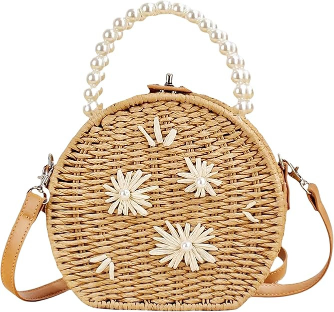 Round Rattan Bag for Women Handwoven Beach Shoulder Purse.Pearl handle tote bag | Amazon (US)