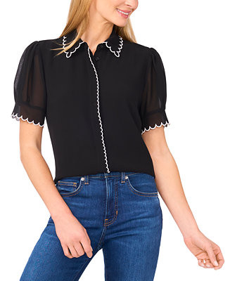 CeCe Women's Scallop Contrast Trim Button Up Top - Macy's | Macy's