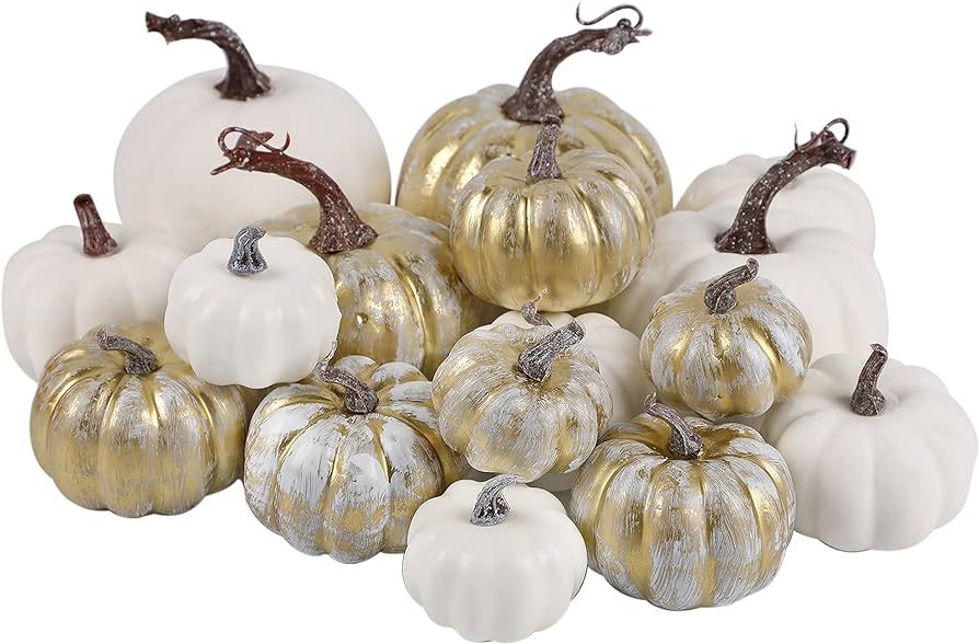 winemana Thanksgiving Artificial Pumpkins, 16 Pcs Rustic Foam Fall Autumn Decorations, White Gold... | Amazon (US)