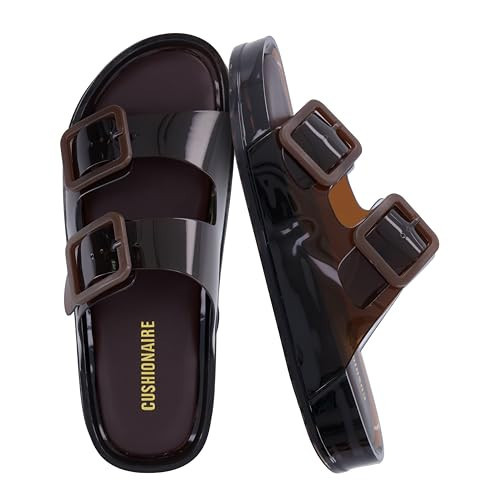 CUSHIONAIRE Pool Slides for Women Water Resistant Double Buckle Adjustable Slip-On Womens Sandals for Beach Shower Casual Wear, Chocolate 5 | Amazon (US)