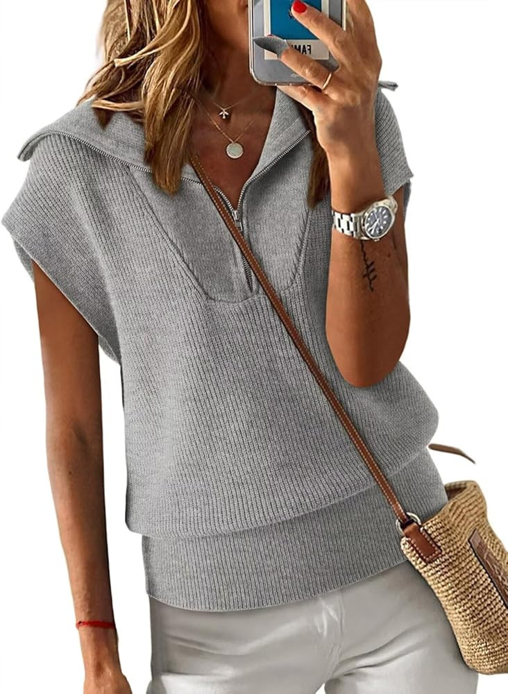 Dokotoo Women's Casual Sleeveless Half Zip Pullover Sweaters Solid V Neck Collar Ribbed Knitted L... | Amazon (US)