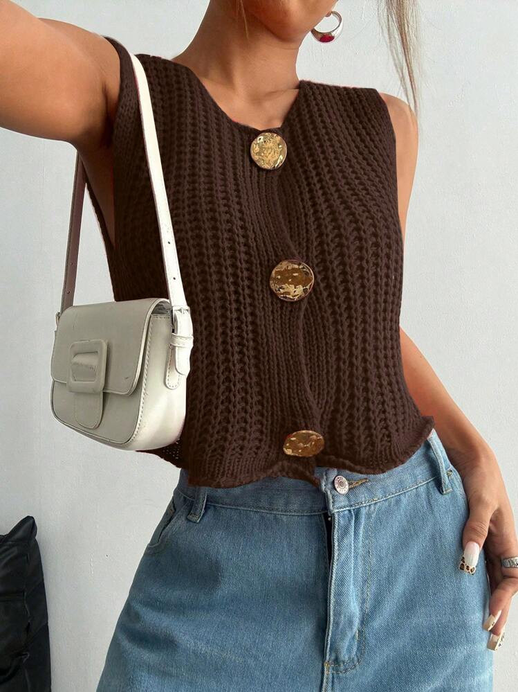 Flirla Women's Front Button Sleeveless Casual All-Match Knit Top | SHEIN