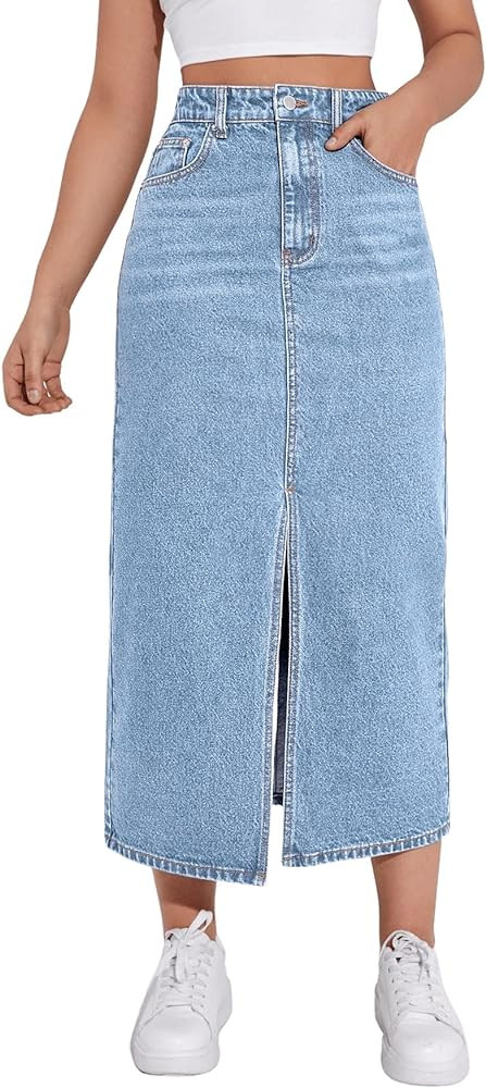 SweatyRocks Women's Casual Denim Skirt High Waist Split Front Long Jean Skirts | Amazon (US)