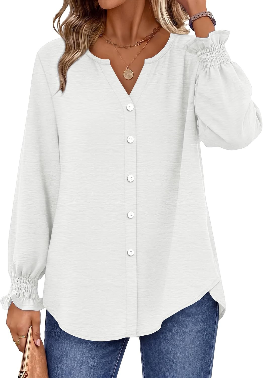 OFEEFAN Womens Long Sleeve Blouse V Neck Button Down Shirt Smocked Cuffs | Amazon (US)