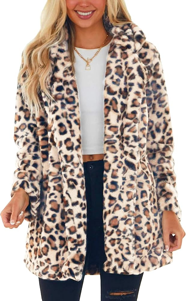Omoone Women's Faux Fur Jackets Autumn Winter Leopard Coats Loose Fur Coat with Pockets | Amazon (US)