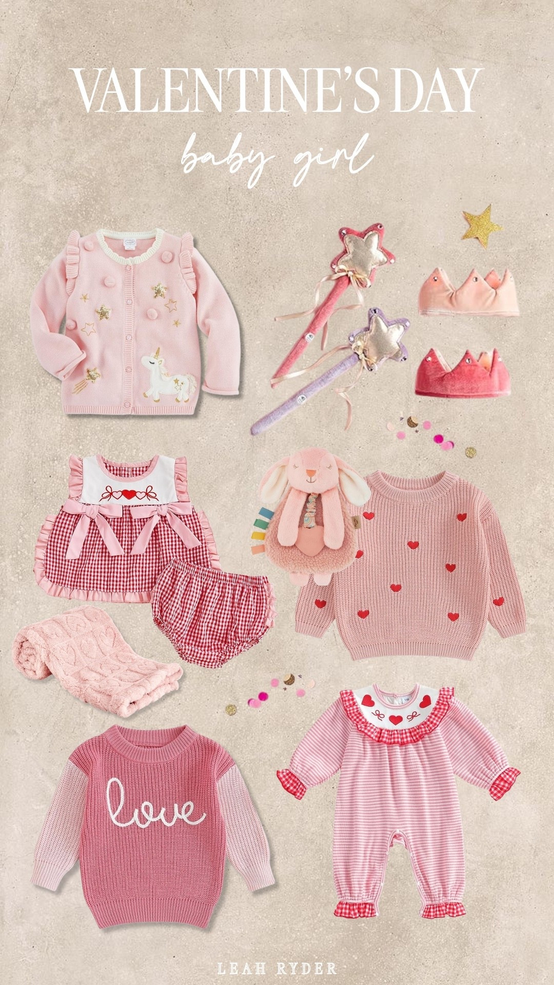 This Valentine’s Day baby girl collection is filled with soft knits, heart details, and cozy pink tones. The outfits include sweaters, dresses, and matching sets perfect for winter celebrations. Accessories like crowns, wands, and plush toys make these pieces giftable and photo-ready. Ideal for Valentine’s Day baby outfits, baby girl clothes, and holiday gifting.

#LTKValentine #LTKSeasonal #LTKBaby