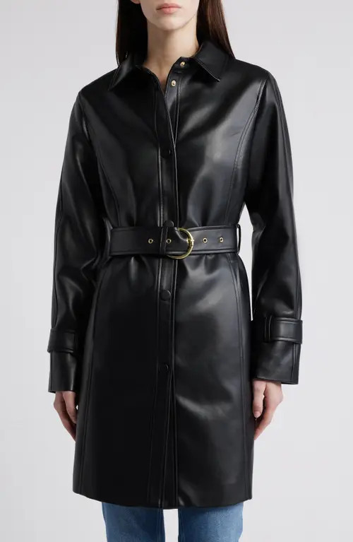 Via Spiga Tie Belt Snap Front Faux Leather Jacket in Black at Nordstrom, Size X-Small | Nordstrom