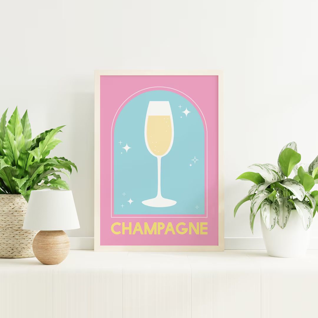 Champagne Cocktail Print | Digital Art Download | Cute Pink Blue Cocktail Bar Printable Art | Etsy (US)