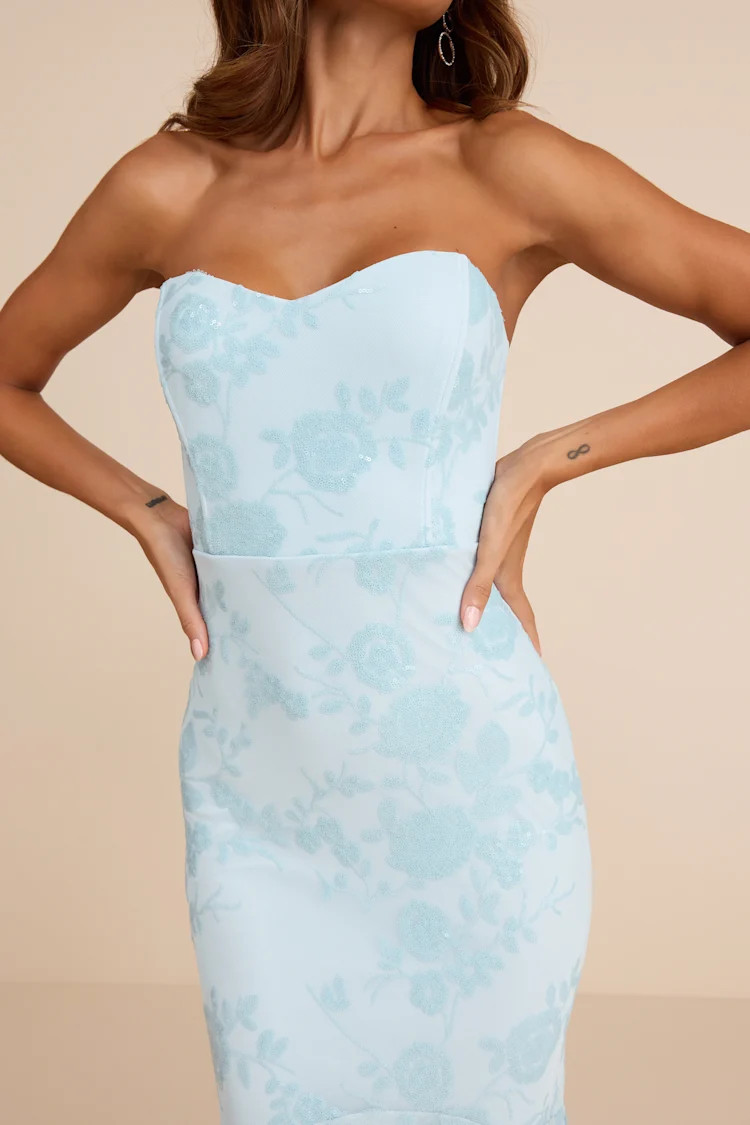 Mayley Light Blue Sequin Strapless Maxi Dress | Lulus