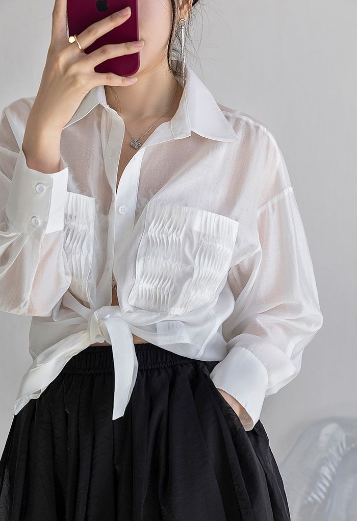 Pintuck Pocket Semi-Sheer Shirt in White | Chicwish