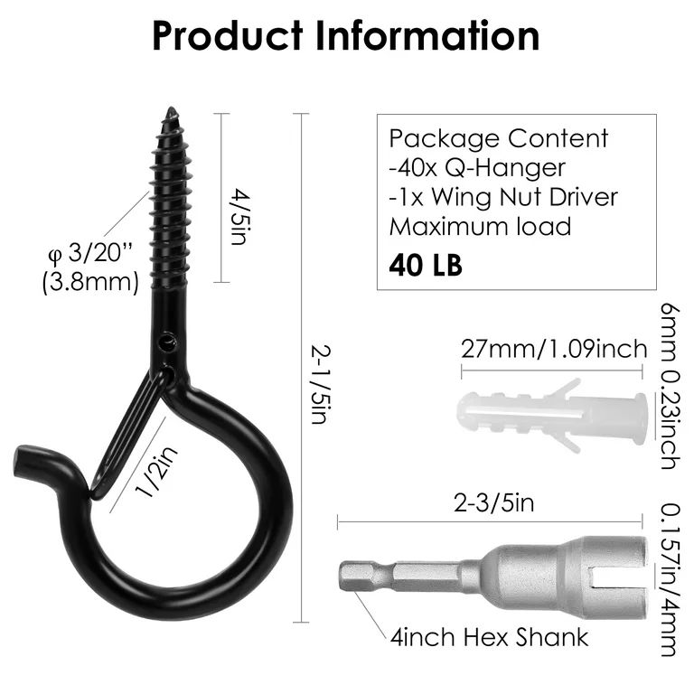TAIHUIMY 30 Pack Screw Hook Q-Hanger Hooks for Outdoor String Lights, Hanging Eye Iron Hooks Chri... | Walmart (US)