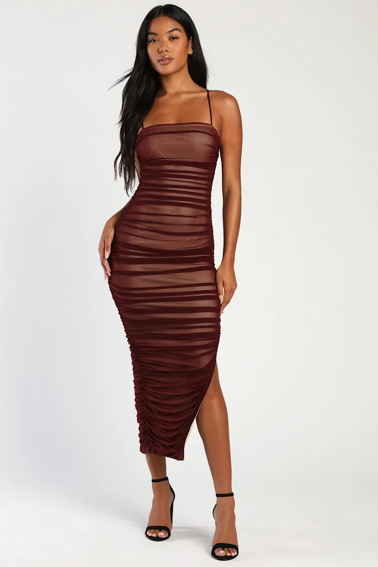 Amazed By You Brown Ruched Sleeveless Bodycon Midi Dress | Lulus (US)