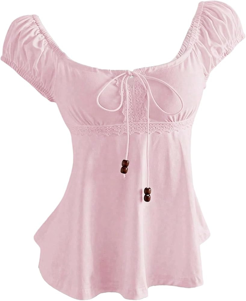 SOLY HUX Women's Square Neck Babydoll Tops Short Sleeve Tie Front Lace Trim T Shirts Summer Boho ... | Amazon (US)