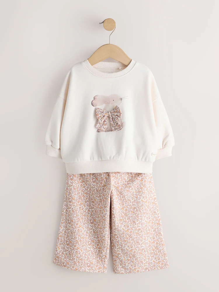 Cream Bunny Hey Hi Sweatshirt & Wide Leg Trousers Set (3mths-7yrs) | Next US