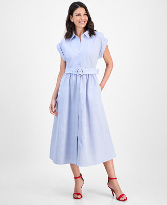 Women's Striped Belted Midi Shirtdress | Macy's