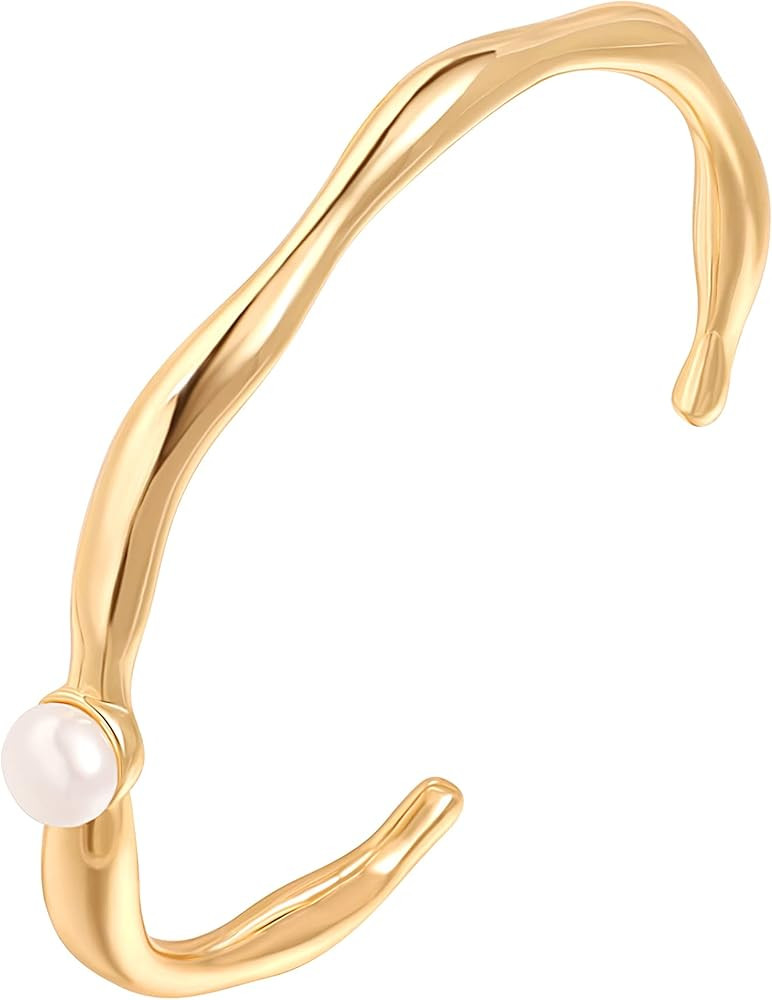 PERNNLA PEARL Dainty Gold Bar Bracelet for Women Simple Delicate Thin Cuff Bangle Hook Bracelet 1... | Amazon (US)