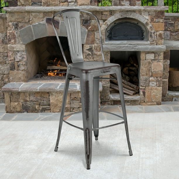 Commercial Grade 30" High Distressed Silver Gray Metal Indoor-Outdoor Barstool with Back [ET-3534... | Walmart (US)