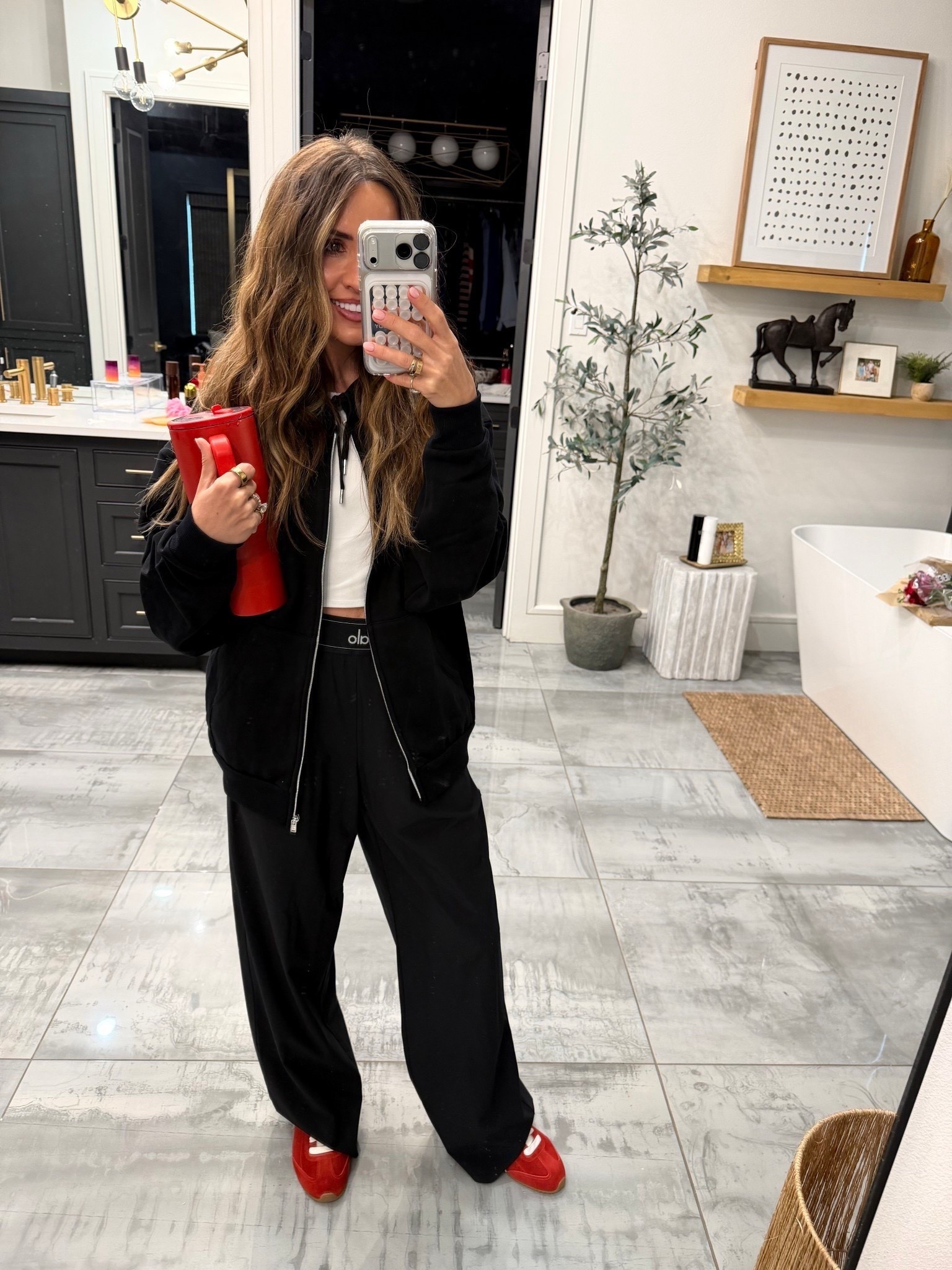 Baseball mom outfit - size small in jacket, top and small regular in pants. Went up half a size in shoes. Red hydro jug. 

