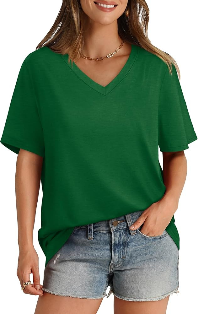 Aokosor Womens T Shirts V Neck Short Sleeve Casual Loose Tees Tops 2024 Trending Now | Amazon (US)