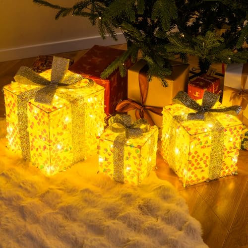 Tangkula Set of 3 Christmas Lighted Gift Boxes, Pre-lit 90 LED Light Up Present Box Decorations with Bows and Plug, Indoor Outdoor Xmas Boxes for Christmas Tree, Holiday Party Decorations | Amazon (US)