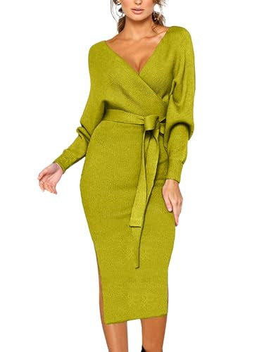 CHERFLY Women's V Neck Sweater Dresses Batwing Long Sleeve Backless Bodycon Long Dress with Belt(Autumn Yellow,M) | Amazon (US)