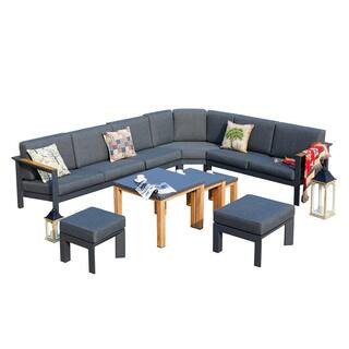 Aaron 9-Piece Aluminum Patio Conversation Set Nesting Table Set of 3 with Gray Cushions | The Home Depot
