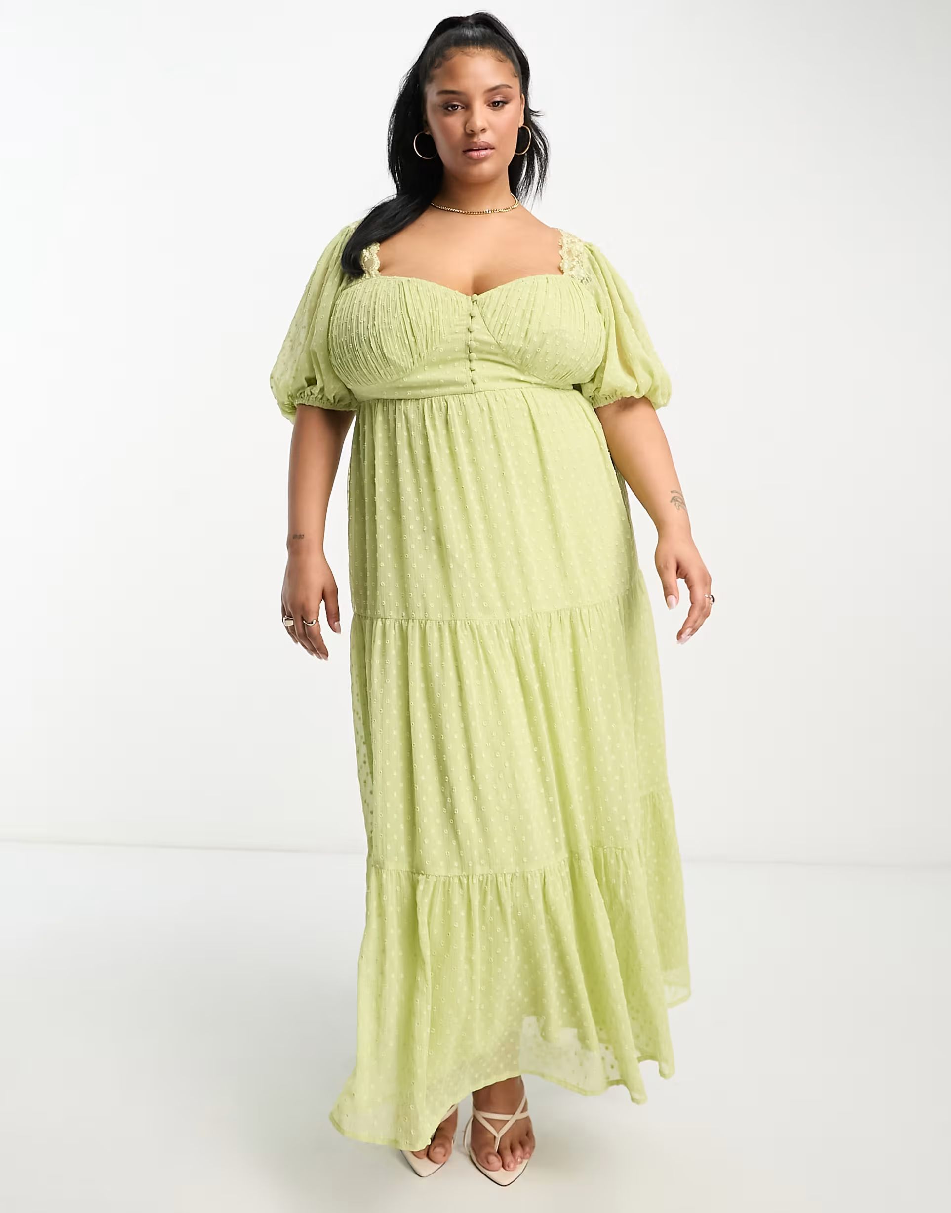 ASOS DESIGN Curve open back lace insert dobby maxi tea dress in lime | ASOS (Global)