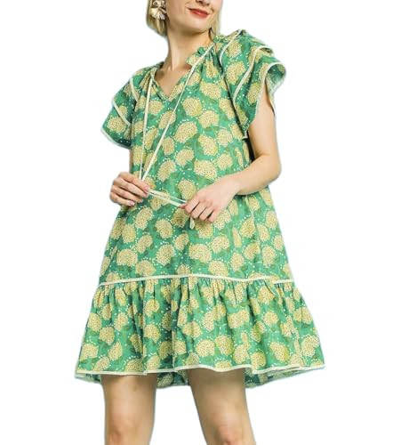 Women Boho Ruffle Sleeve Mini Dress Summer Trendy Floral Print Short Sleeve V Neck Cute Babydoll Loose Flowy Dress | Amazon (US)