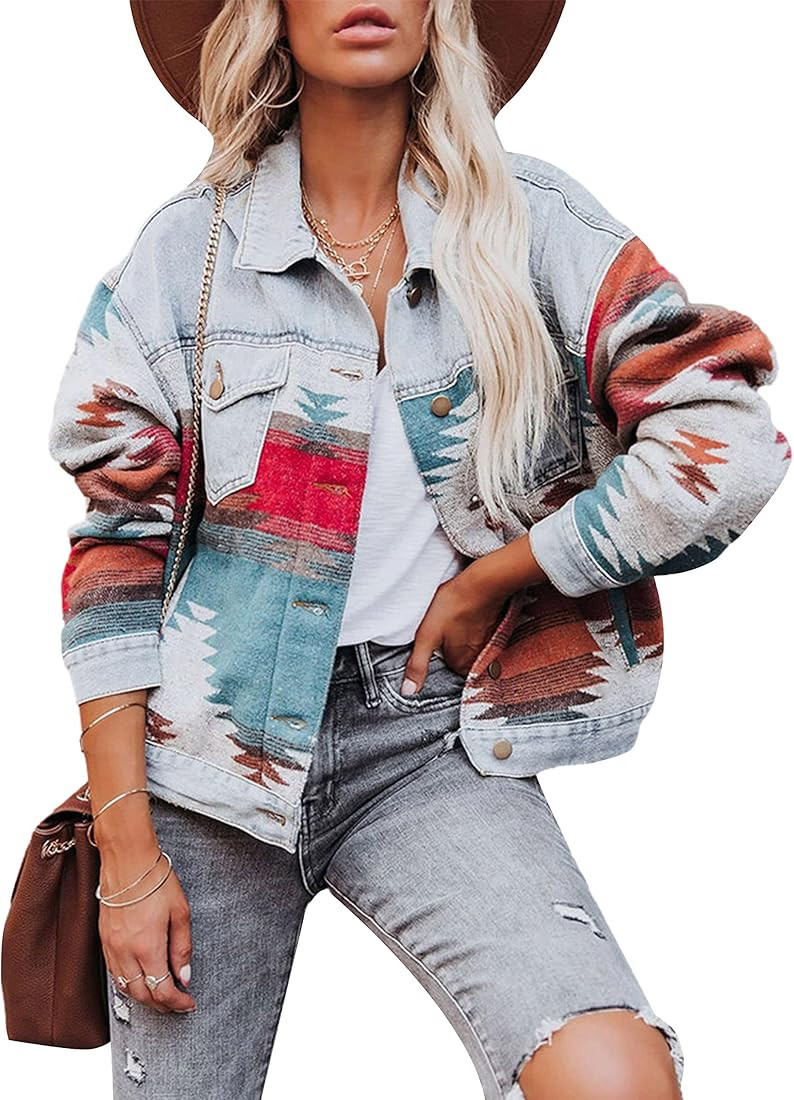 HangNiFang Aztec Denim Jacket Shacket for Women Button Down Vintage Distressed Blue Jean Jacket | Amazon (US)