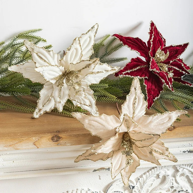 10.2" Velvet Christmas Poinsettia Glitter Artificial Flowers Xmas Decorations Burgundy | Walmart (US)