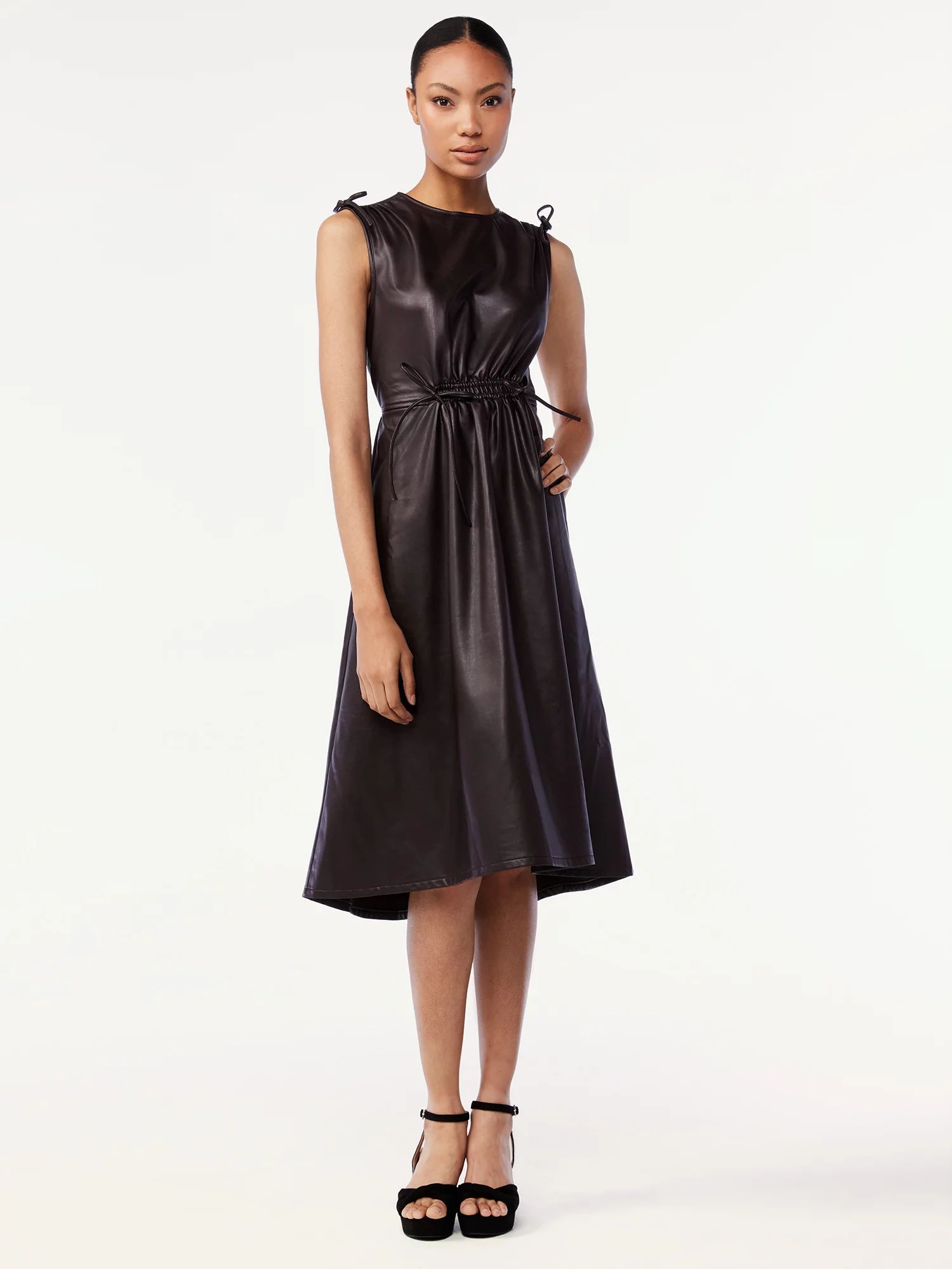 Scoop Women's Faux Leather Midi Dress with Cinched Waist - Walmart.com | Walmart (US)