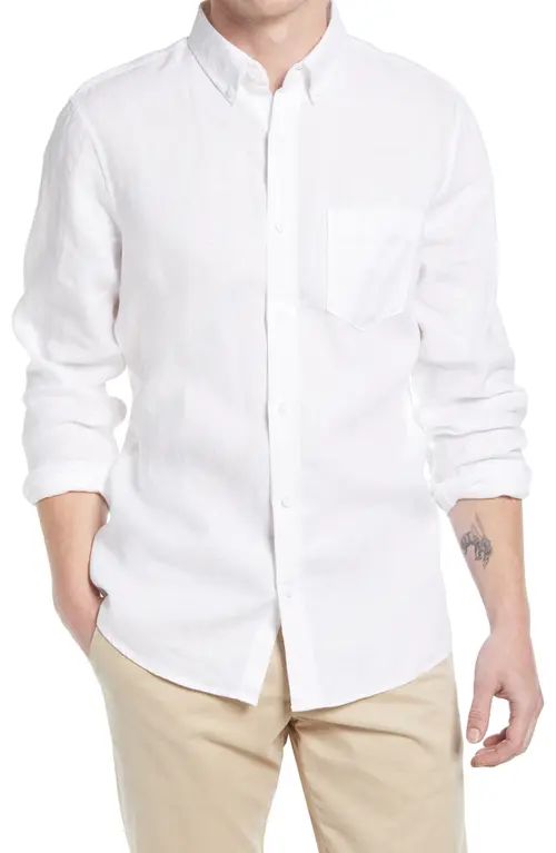 Nordstrom Trim Fit Solid Linen Button-Down Shirt in White at Nordstrom, Size Medium | Nordstrom