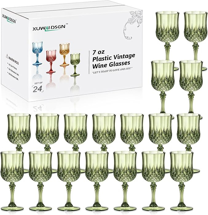 XUWAIDSGN 24 Pcs 7oz Plastic Vintage Wine Glasses Drinking Glasses Unbreakable Wedding Glassware ... | Amazon (US)