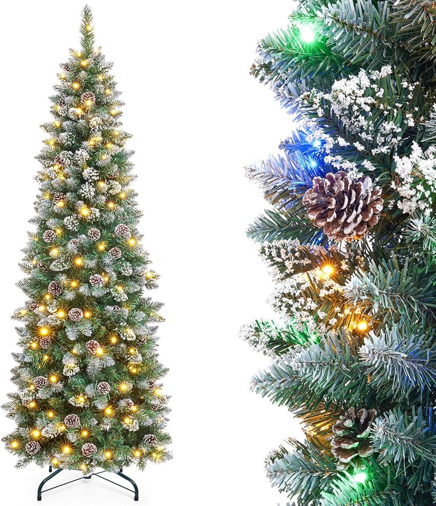 Homde Pencil Christmas Tree 6 Foot Pre-Lit Artificial Christmas Tree with Flocked Snow Pine Cone ... | Amazon (US)