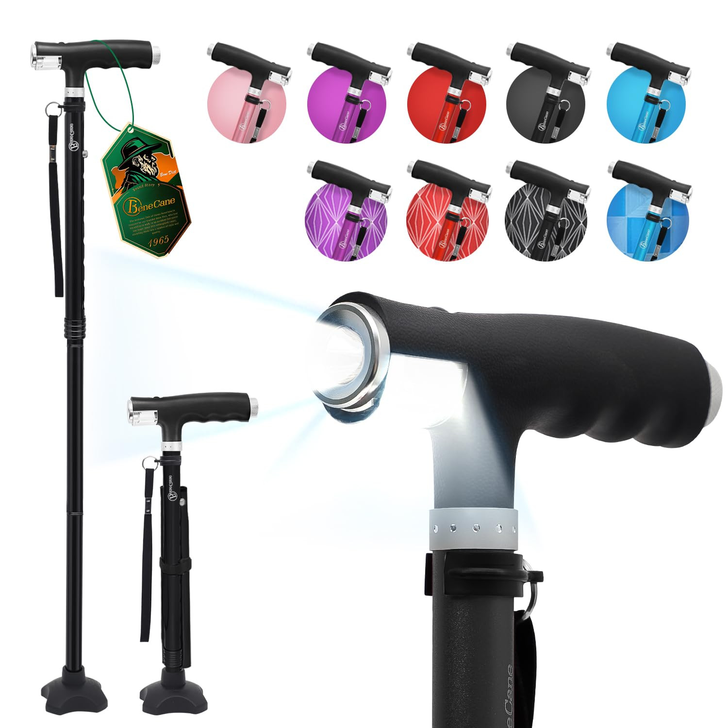 BeneCane Walking Cane for Women Folding Cane for Men with Two Led Lights Quad Cane with Stable Ba... | Amazon (US)